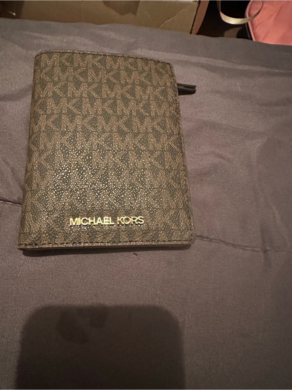 Michael Kors Brown Logo Zip Passport Wallet with Gold Logo
